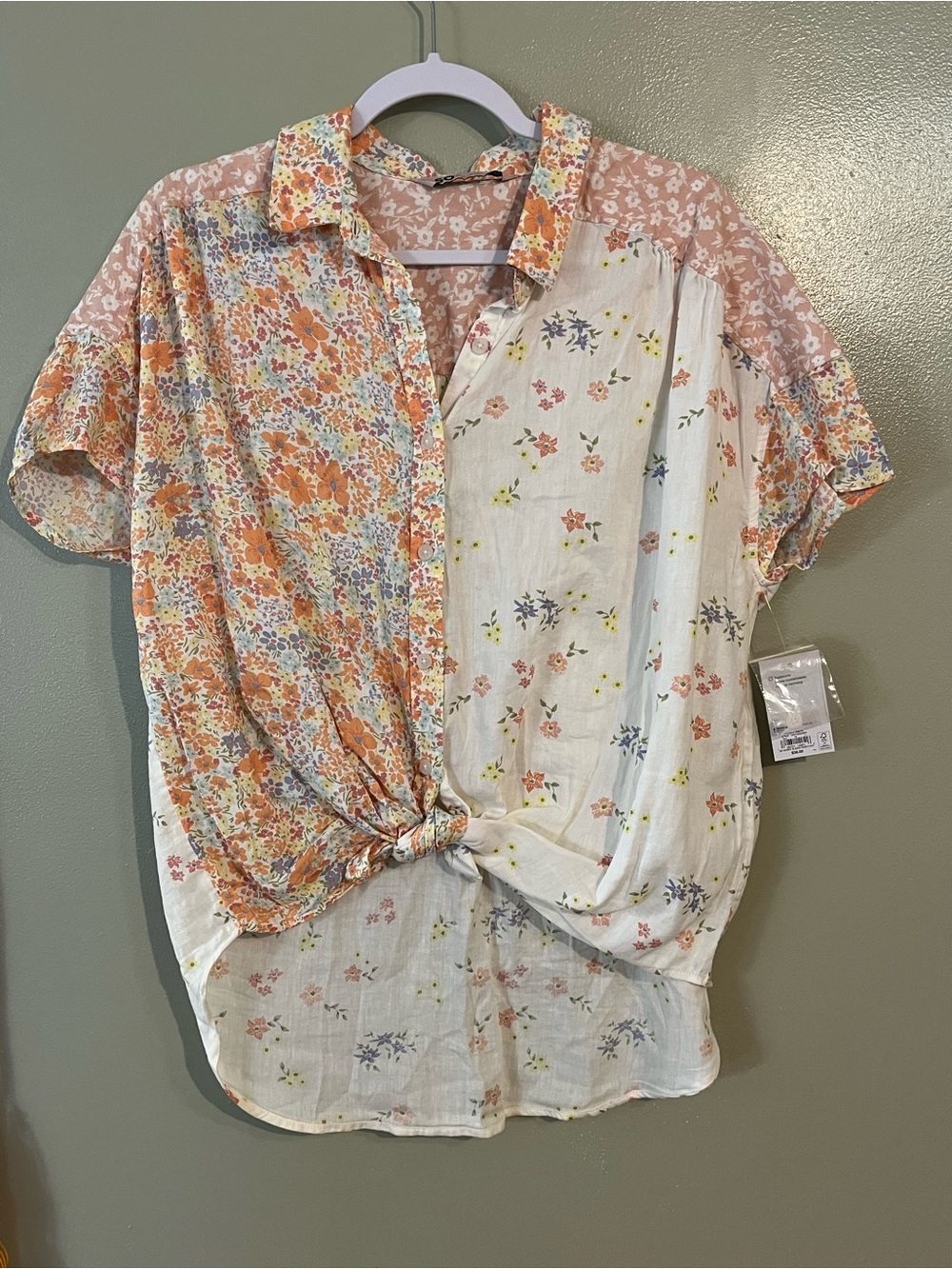 Floral Mixed-Print Short Sleeve Shirt - Peach/White By So Cotton XL NWT
